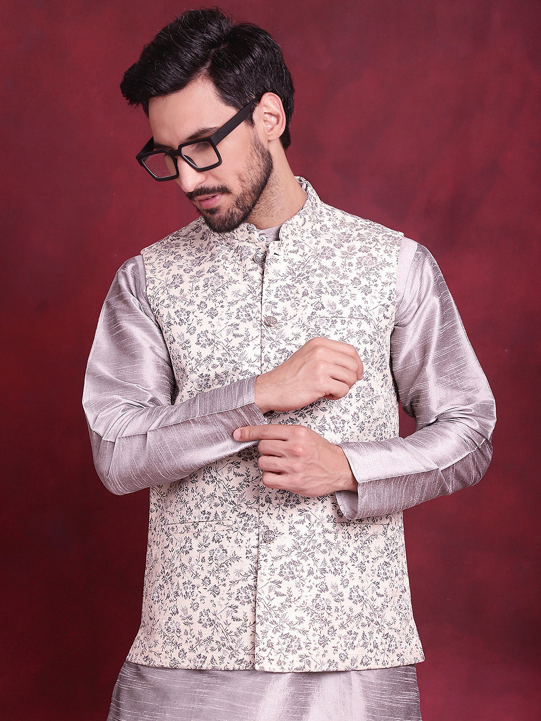 Woven Design Nehru Jacket With Kurta Pyjama Set