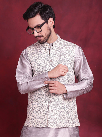 Woven Design Nehru Jacket With Kurta Pyjama Set