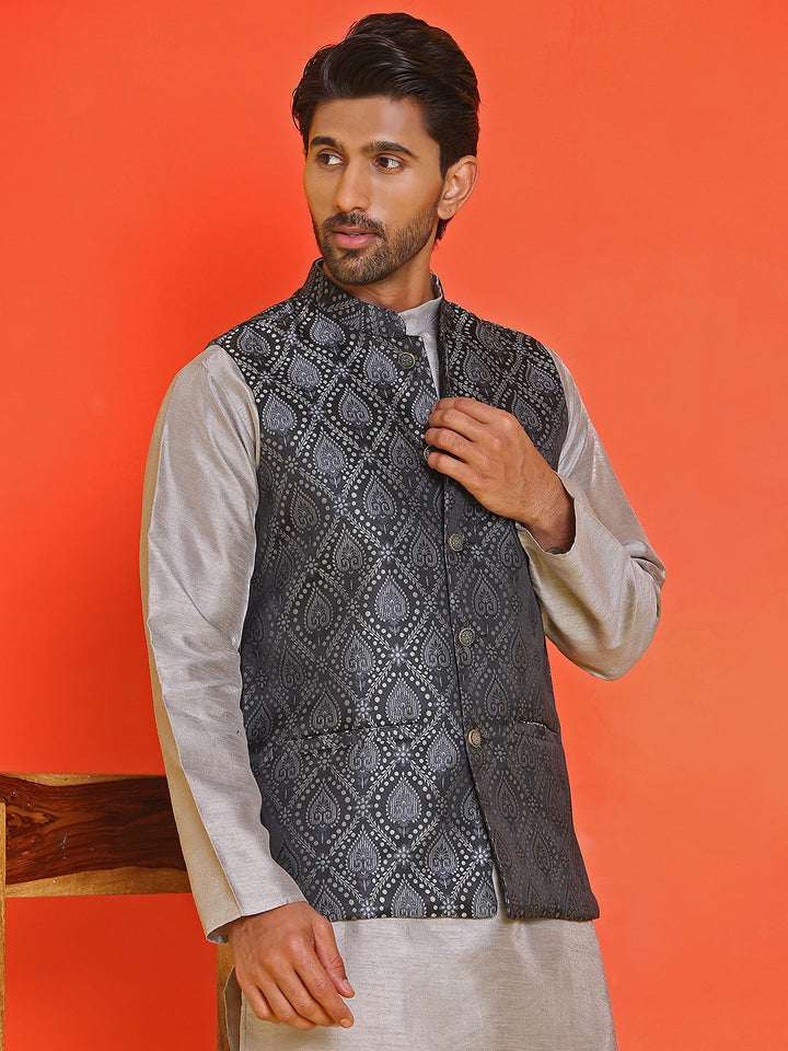 Woven Design Nehru Jacket With Solid Kurta Pyjama For Men