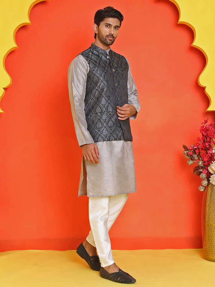 Woven Design Nehru Jacket With Solid Kurta Pyjama For Men