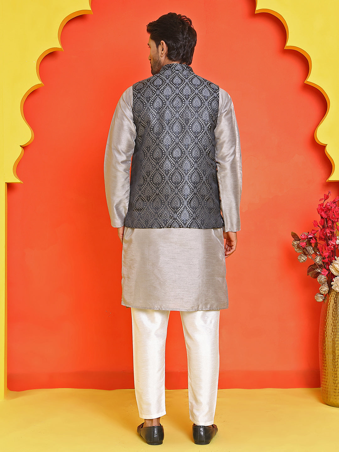 Woven Design Nehru Jacket With Solid Kurta Pyjama For Men