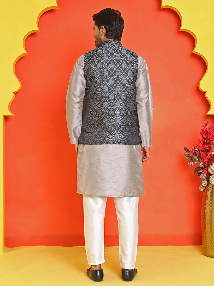 Woven Design Nehru Jacket With Solid Kurta Pyjama For Men