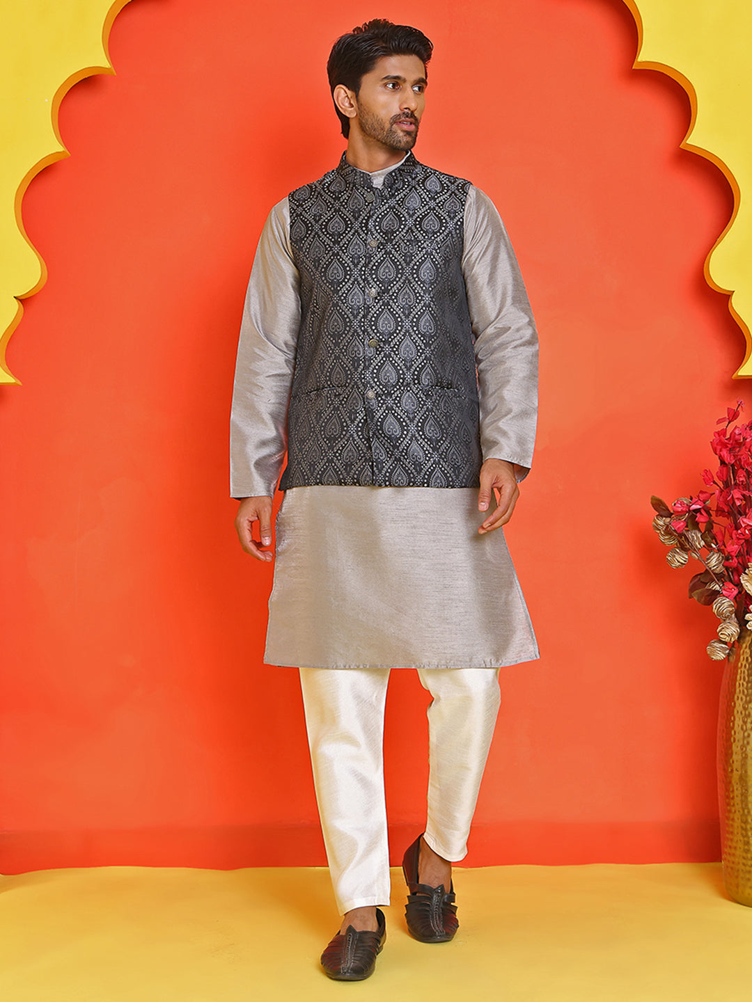Woven Design Nehru Jacket With Solid Kurta Pyjama For Men