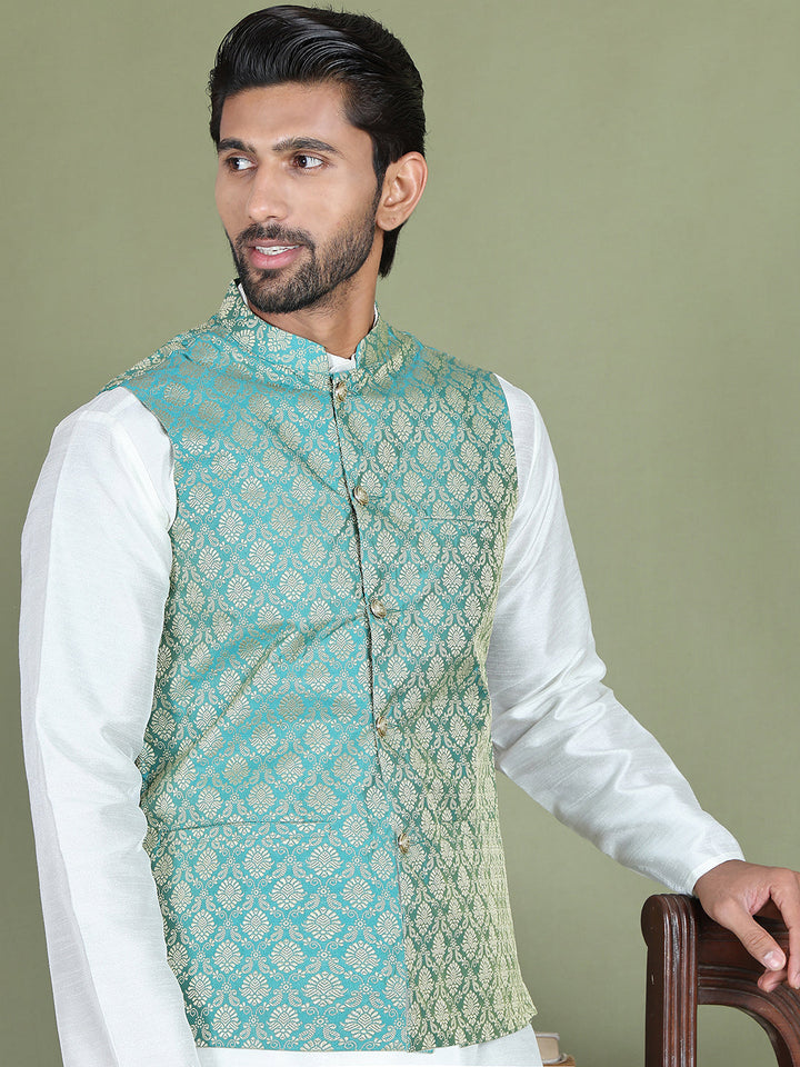 Woven Design Nehru Jacket With Solid Kurta Pyjama For Men