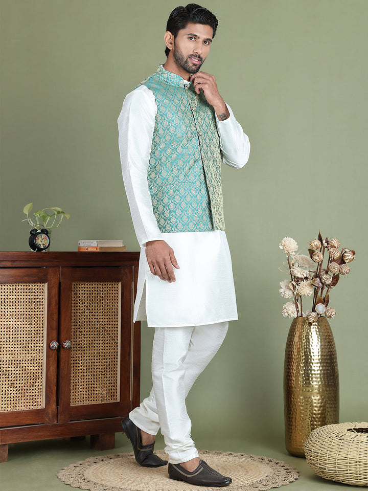 Woven Design Nehru Jacket With Solid Kurta Pyjama For Men
