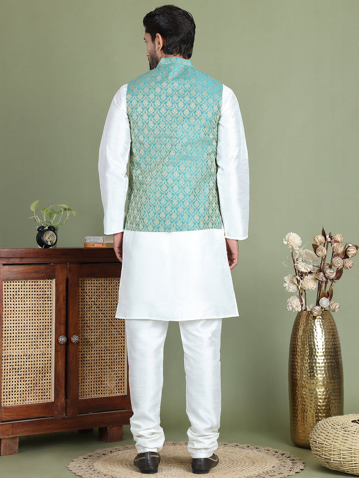 Woven Design Nehru Jacket With Solid Kurta Pyjama For Men