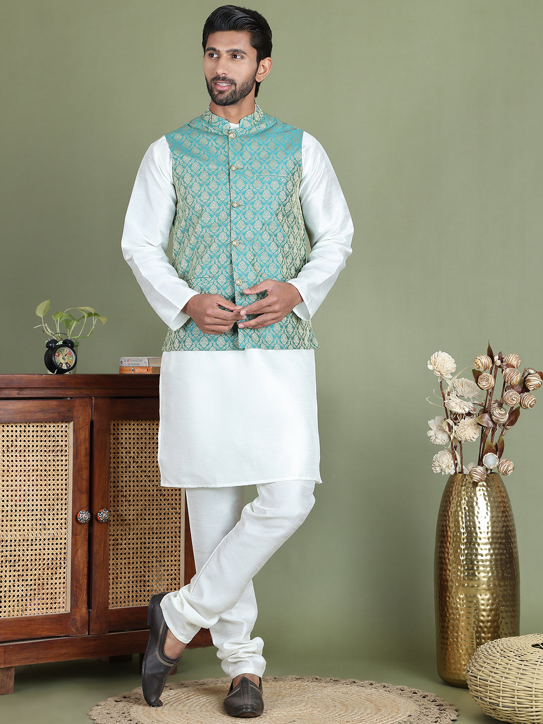 Woven Design Nehru Jacket With Solid Kurta Pyjama For Men