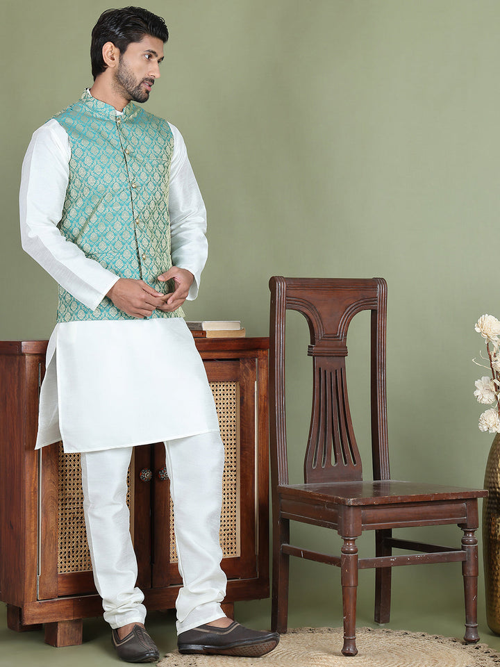 Woven Design Nehru Jacket With Solid Kurta Pyjama For Men