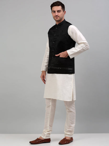 Men'S Embroidered Nehru Jacket With Solid Kurta Pyjama Set.