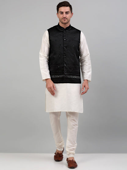 Men'S Embroidered Nehru Jacket With Solid Kurta Pyjama Set.