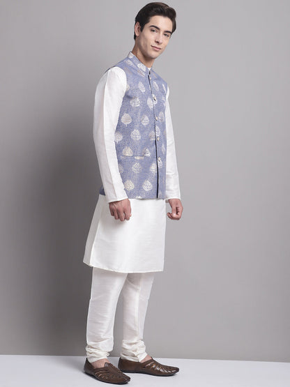 Men'S Blue Printed Nehru Jacket With Solid Kurta Pyjama.