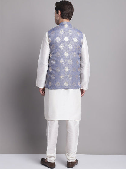 Men'S Blue Printed Nehru Jacket With Solid Kurta Pyjama.