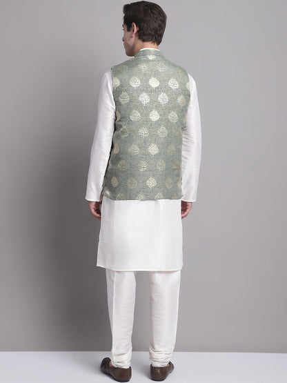 Men'S Green Printed Nehru Jacket With Solid Kurta Pyjama.
