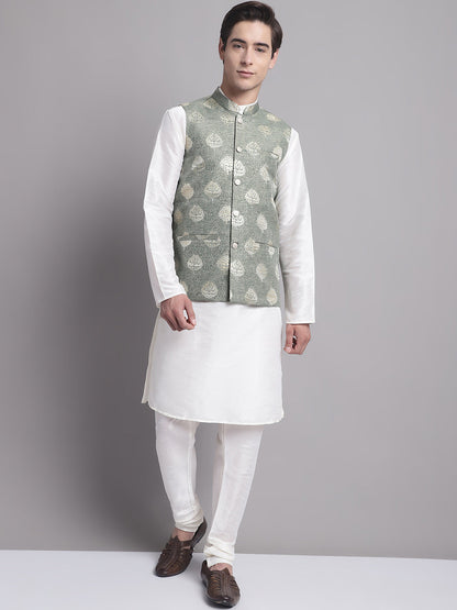 Men'S Green Printed Nehru Jacket With Solid Kurta Pyjama.