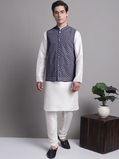 Men'S Grey Sequins And Embroidered Nehru Jacket With Solid Kurta Pyjama.