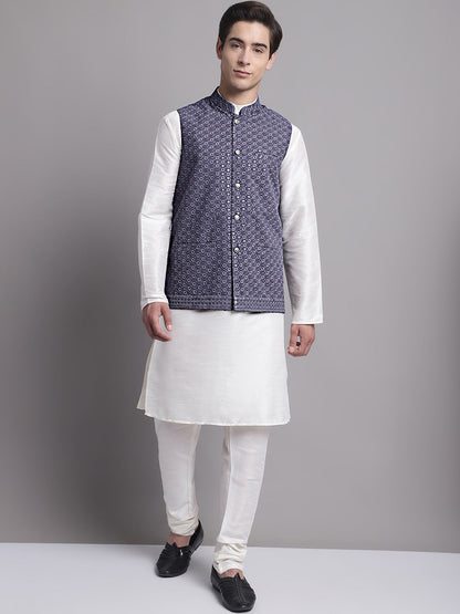 Men'S Grey Sequins And Embroidered Nehru Jacket With Solid Kurta Pyjama.