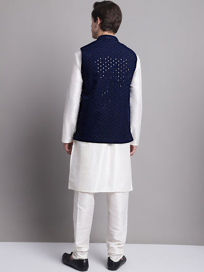 Men'S Navy Blue Sequins And Embroidered Nehru Jacket With Solid Kurta Pyjama.