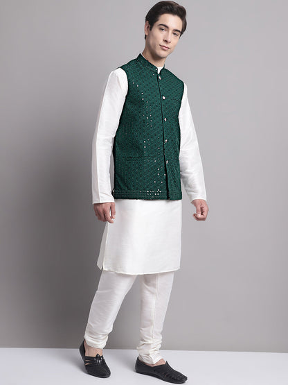 Men'S Olive Green Sequins And Embroidered Nehru Jacket With Solid Kurta Pyjama.