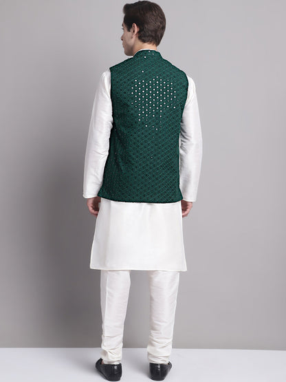 Men'S Olive Green Sequins And Embroidered Nehru Jacket With Solid Kurta Pyjama.