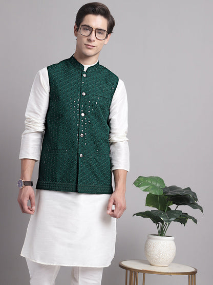 Men'S Olive Green Sequins And Embroidered Nehru Jacket With Solid Kurta Pyjama.