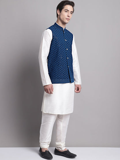 Men'S Peacock Blue Sequins And Embroidered Nehru Jacket With Solid Kurta Pyjama.