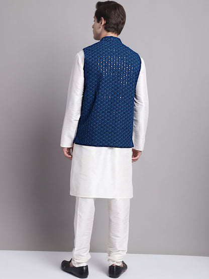 Men'S Peacock Blue Sequins And Embroidered Nehru Jacket With Solid Kurta Pyjama.