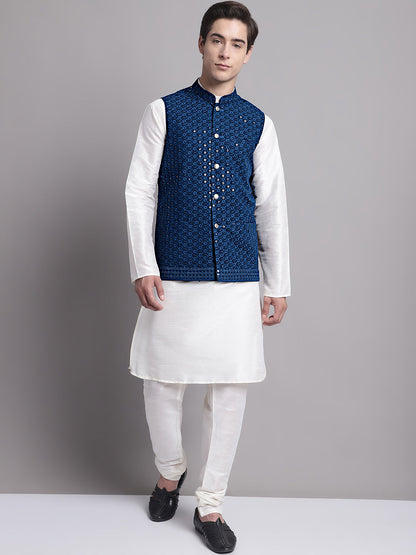 Men'S Peacock Blue Sequins And Embroidered Nehru Jacket With Solid Kurta Pyjama.