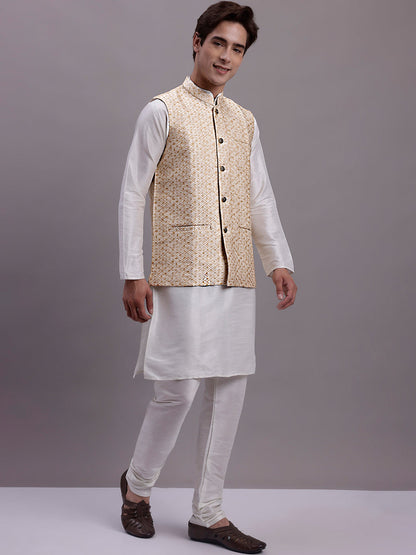 Men'S Cream Woven Design Nehru Jacket With Solid Kurta Pyjama.