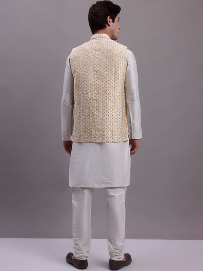 Men'S Cream Woven Design Nehru Jacket With Solid Kurta Pyjama.