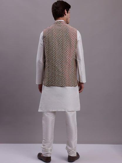Men'S Peach Woven Design Nehru Jacket With Solid Kurta Pyjama.