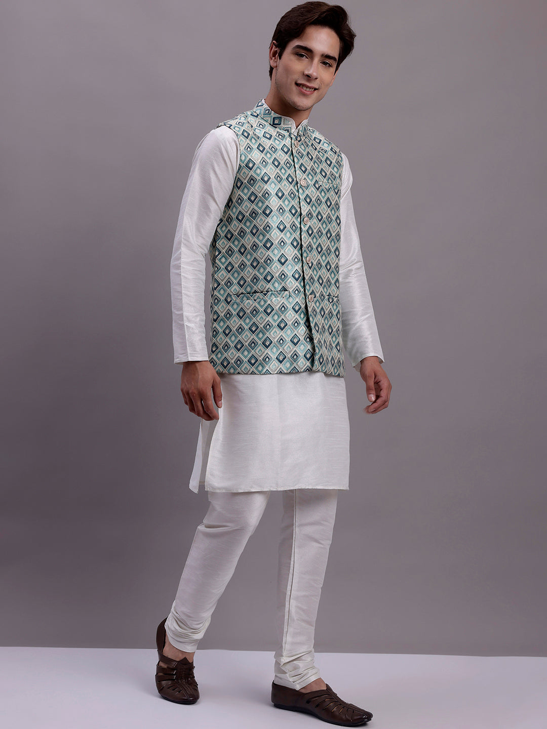 Men'S Turquoise Blue Woven Design Nehru Jacket With Solid Kurta Pyjama.
