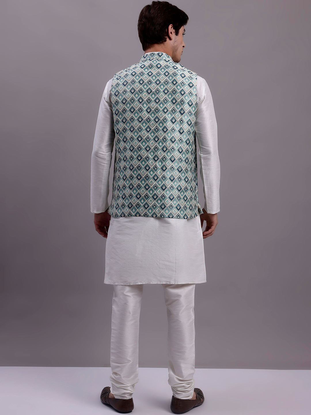 Men'S Turquoise Blue Woven Design Nehru Jacket With Solid Kurta Pyjama.