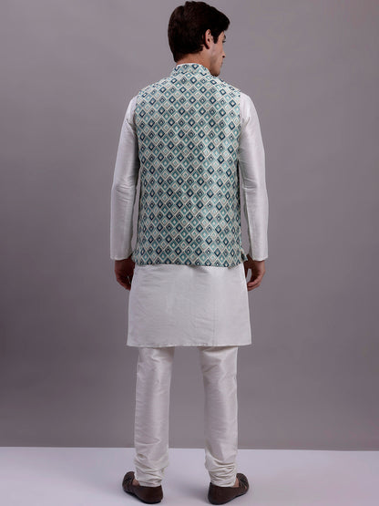 Men'S Turquoise Blue Woven Design Nehru Jacket With Solid Kurta Pyjama.