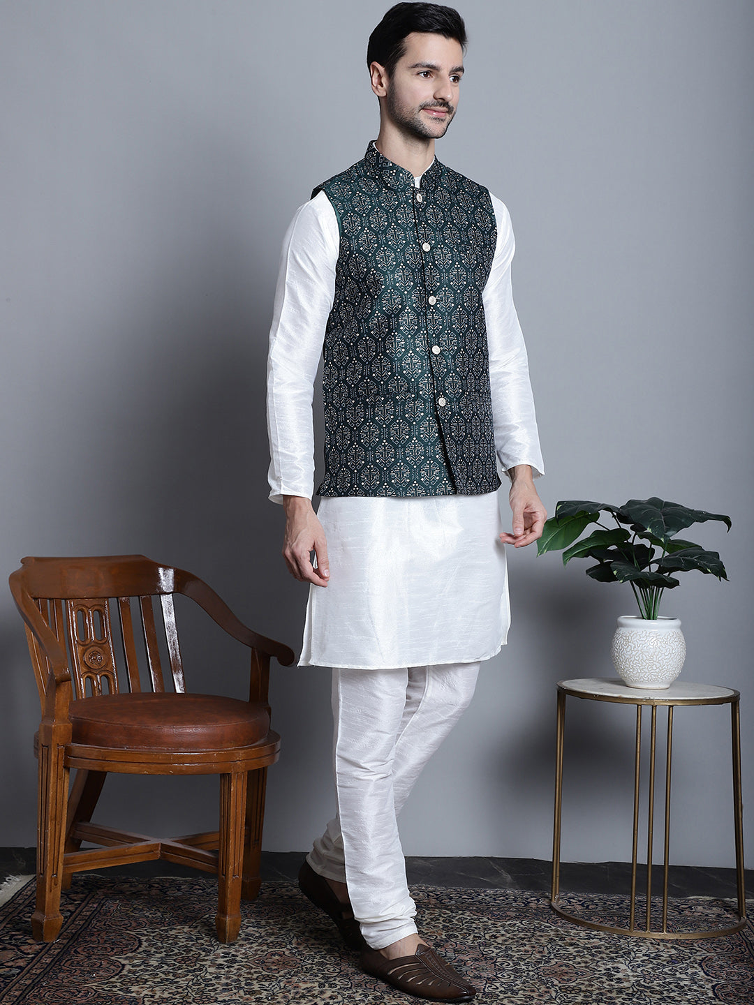 Men'S Printed Nehru Jacket With Kurta Pyjama Set