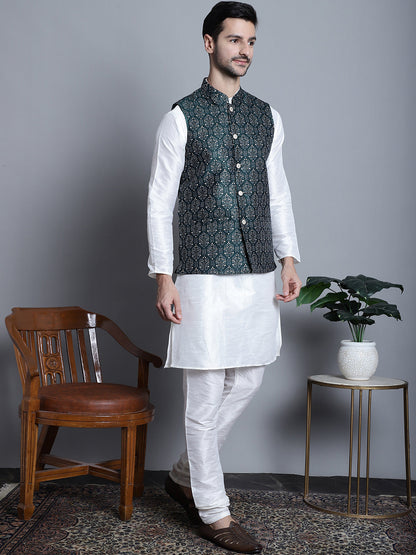 Men'S Printed Nehru Jacket With Kurta Pyjama Set