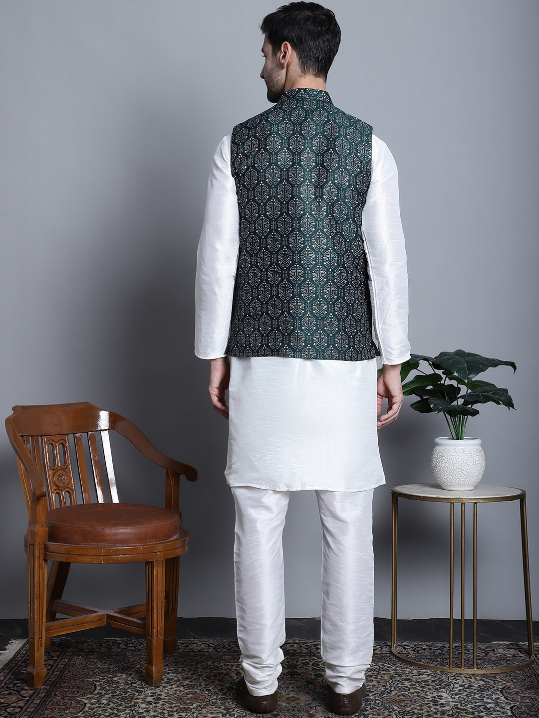 Men'S Printed Nehru Jacket With Kurta Pyjama Set