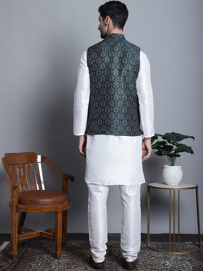 Men'S Printed Nehru Jacket With Kurta Pyjama Set
