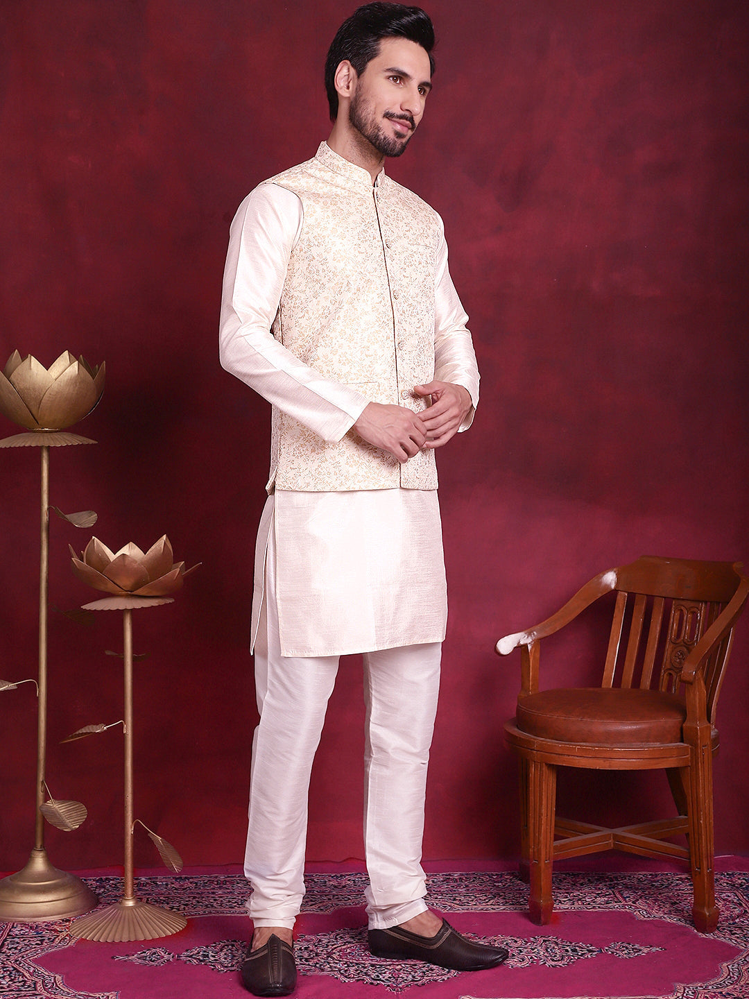 Woven Design Nehru Jacket With Kurta Pyjama Set