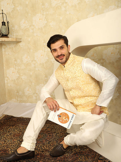 Golden Woven Design Nehru Jacket With Kurta Pyjama Set