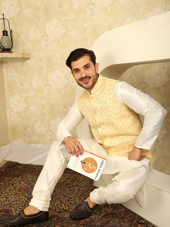 Golden Woven Design Nehru Jacket With Kurta Pyjama Set