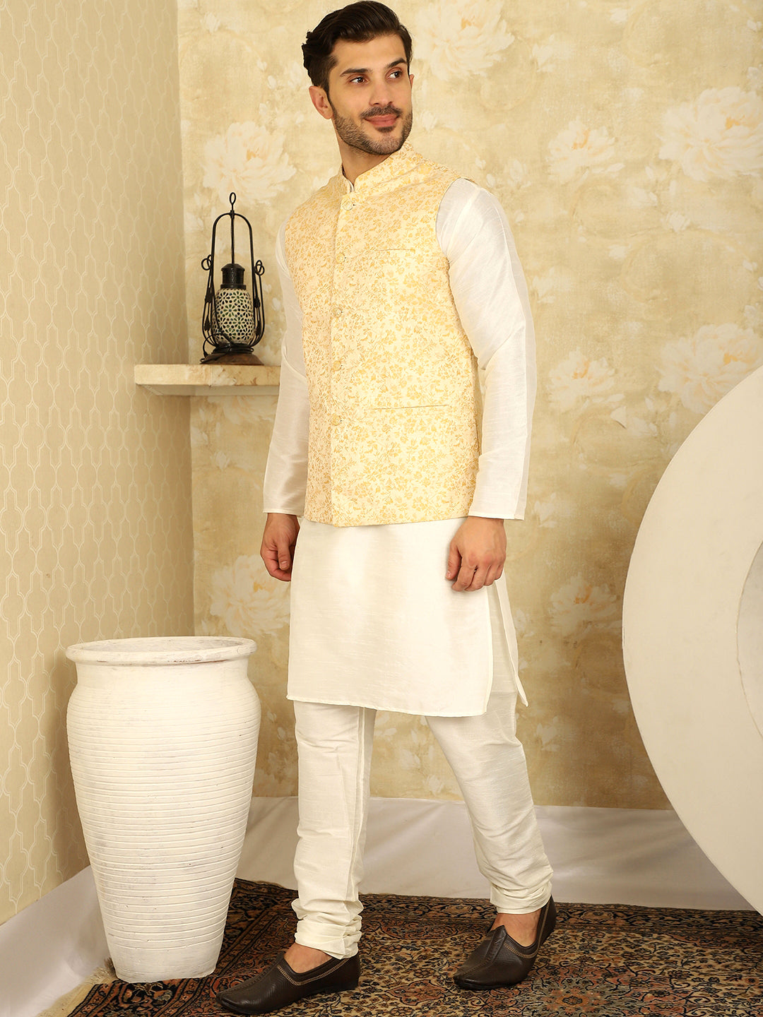 Golden Woven Design Nehru Jacket With Kurta Pyjama Set