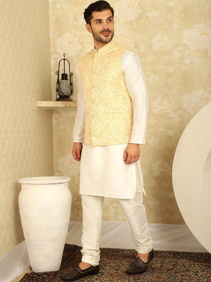 Golden Woven Design Nehru Jacket With Kurta Pyjama Set
