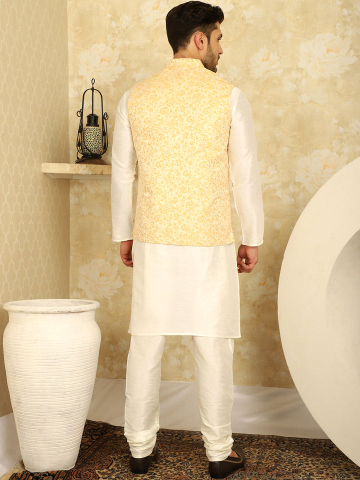 Golden Woven Design Nehru Jacket With Kurta Pyjama Set