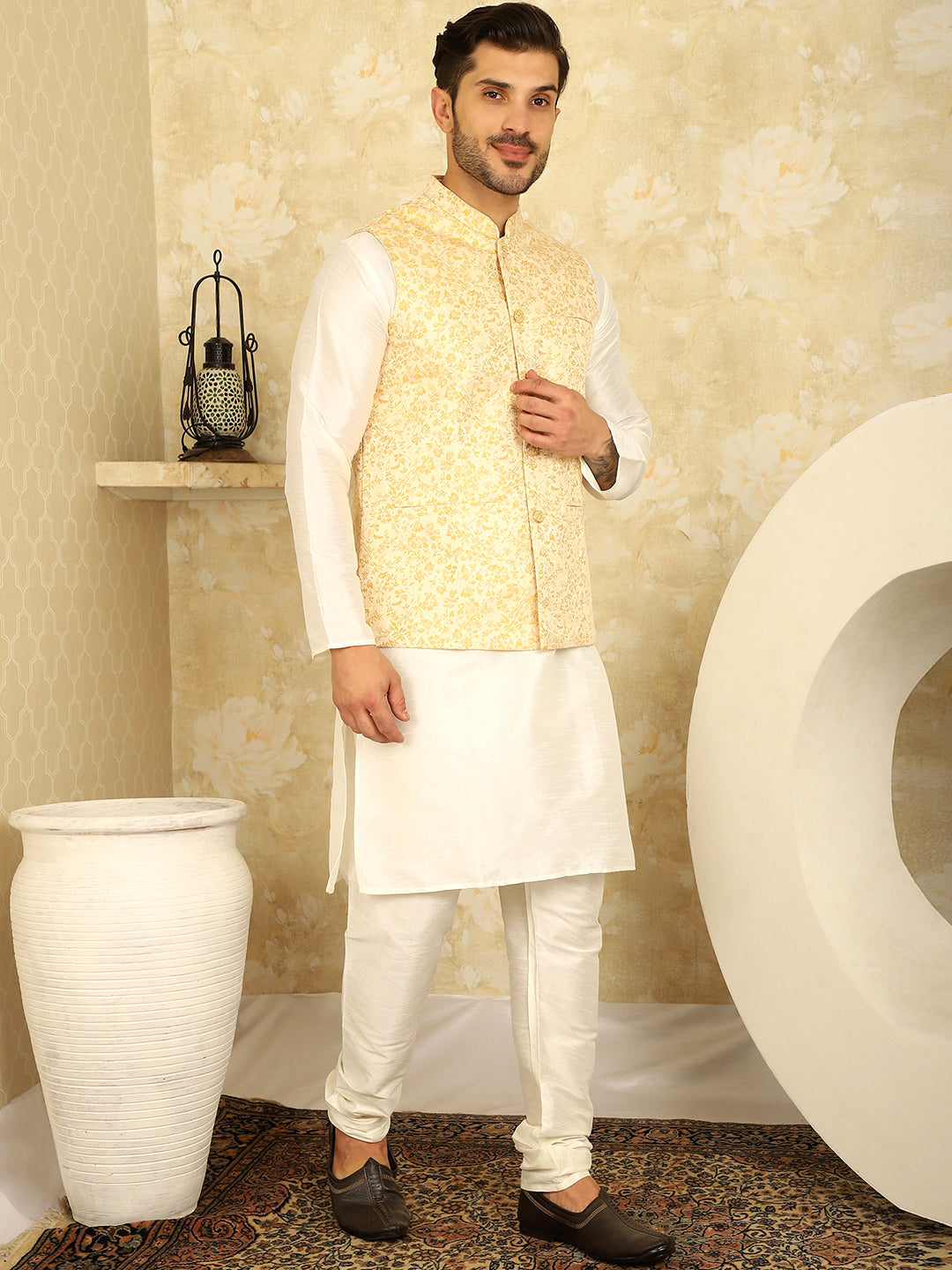 Golden Woven Design Nehru Jacket With Kurta Pyjama Set
