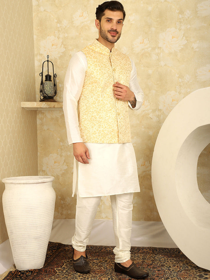 Golden Woven Design Nehru Jacket With Kurta Pyjama Set