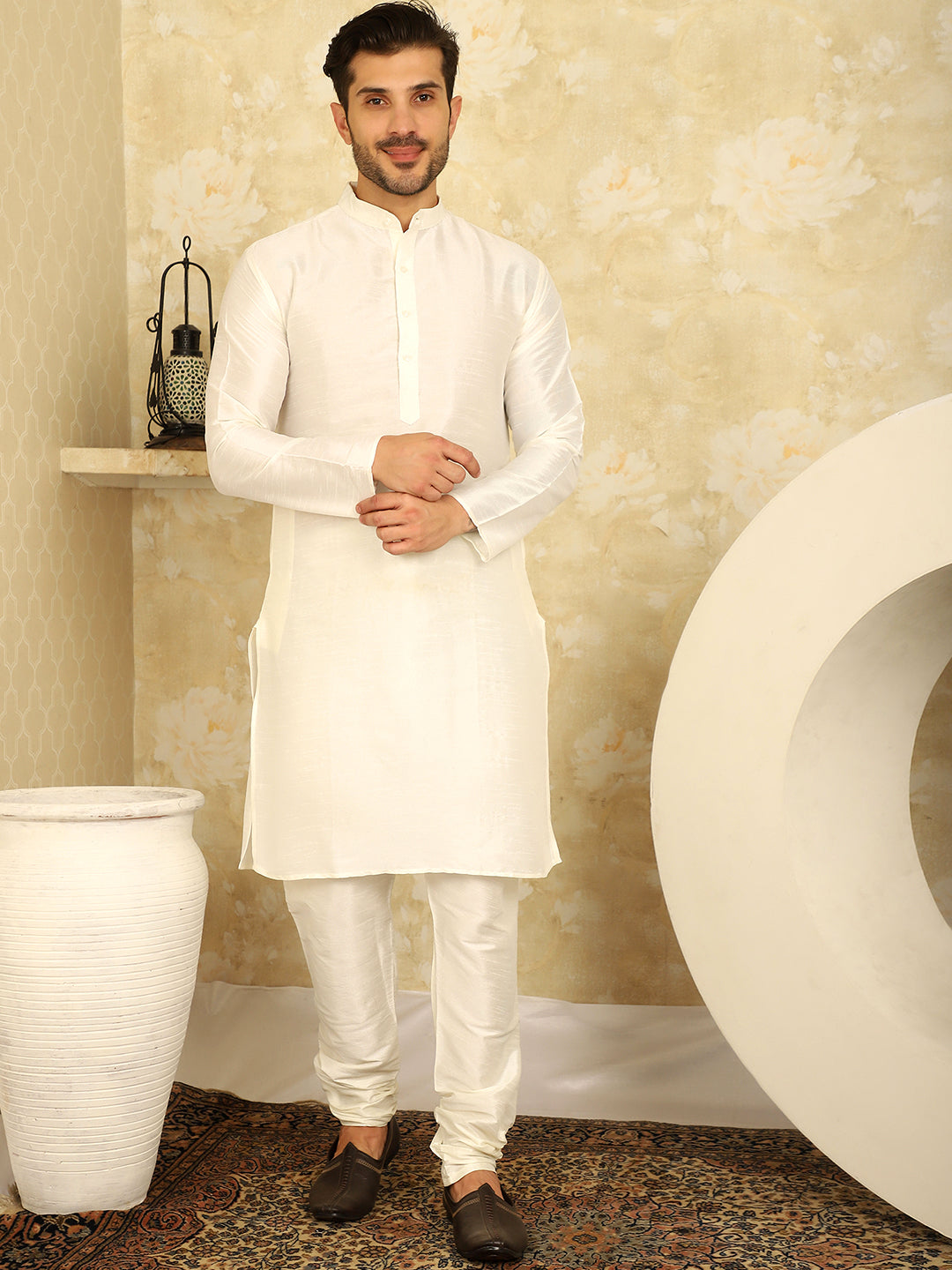 Golden Woven Design Nehru Jacket With Kurta Pyjama Set