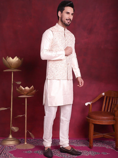 Woven Design Nehru Jacket With Kurta Pyjama Set