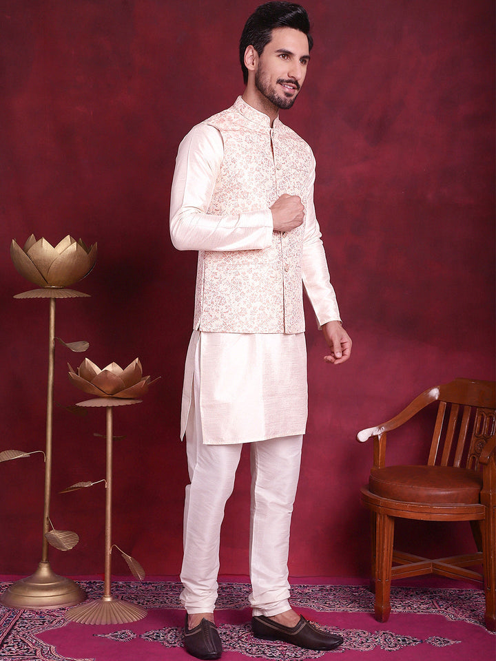 Woven Design Nehru Jacket With Kurta Pyjama Set