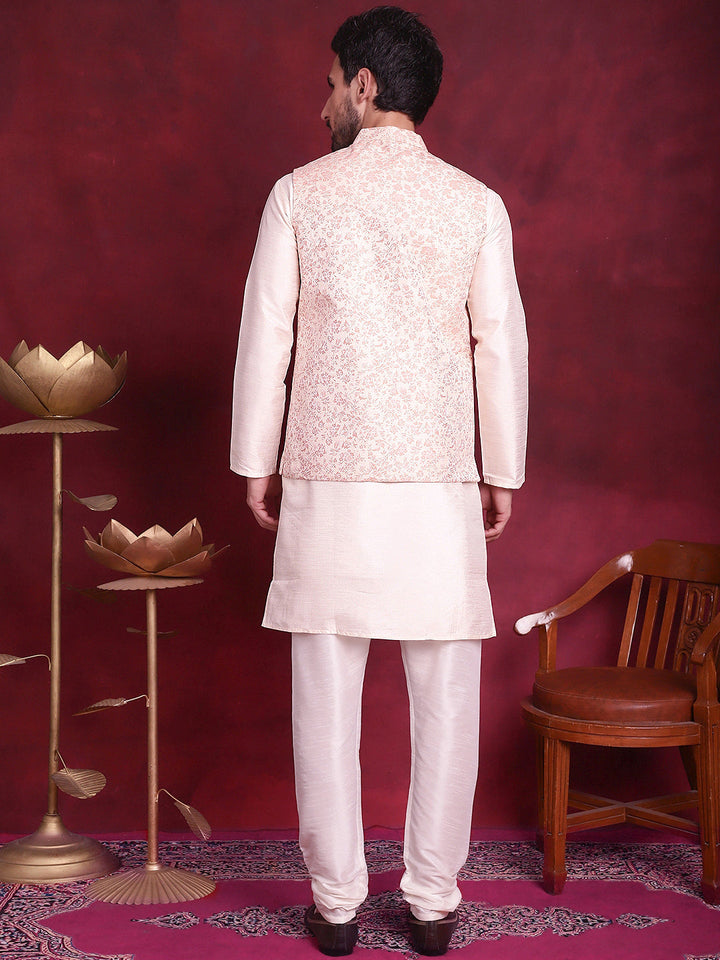 Woven Design Nehru Jacket With Kurta Pyjama Set