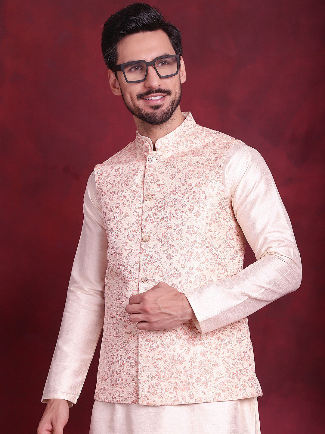 Woven Design Nehru Jacket With Kurta Pyjama Set